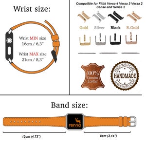 May include: Orange leather watch band with a silver buckle. The band is 12 inches long and 8 inches wide. The band is compatible with Fitbit Versa 4, Versa 3, Versa 2, Sense and Sense 2. The band is handmade with 100% genuine leather.