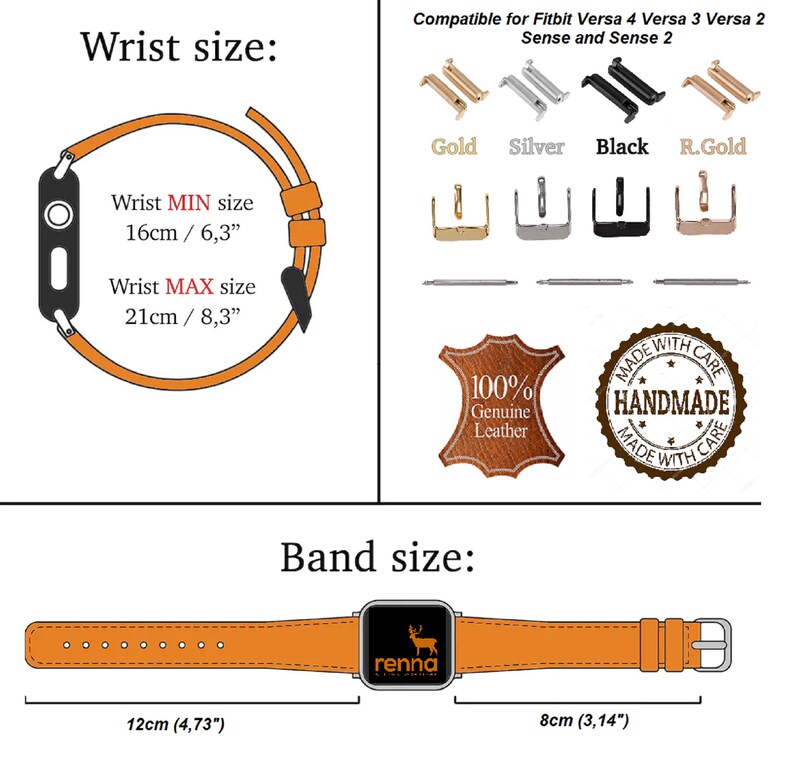 May include: Orange leather watch band with a silver buckle. The band is 12 inches long and 8 inches wide. The band is compatible with Fitbit Versa 4, Versa 3, Versa 2, Sense and Sense 2. The band is handmade with 100% genuine leather.
