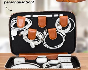 Organizador de cables y tecnología personalizado, bolsa de viaje de cuero genuino, hecha a mano, el mejor regalo, grabado láser personalizado.