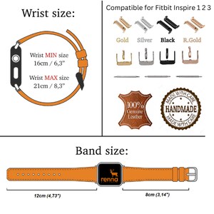 May include: Orange leather watch band compatible with Fitbit Inspire 1, 2, and 3. The band is shown with a wrist size of 6.3 to 8.3 inches. The band is 4.73 inches long and 3.14 inches wide. The band is handmade with genuine leather and comes in gold, silver, black, and rose gold.