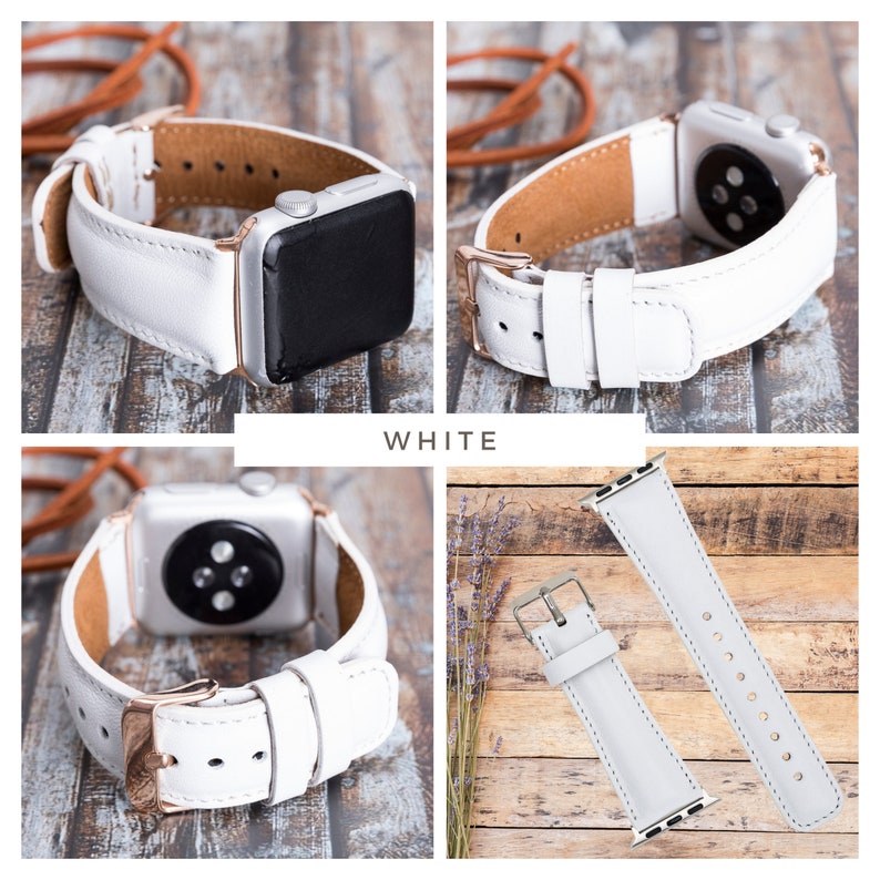 May include: White leather watch band for Apple Watch with rose gold hardware. The band is shown on a wooden surface and on a wrist.