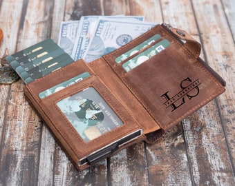 Renna Genuine Leather Mechanical Wallet  | RFID Blocking Wallet | Engraved Personalized Wallet | Minimalist Card Holder And Coin Pocket