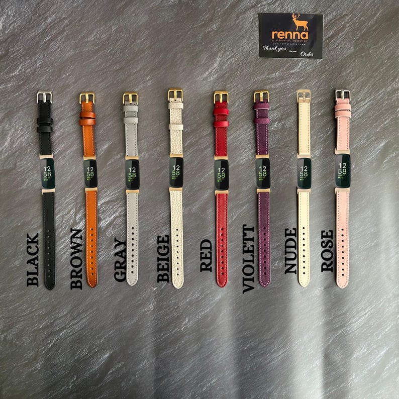 May include: Eight different colored leather watch bands for a fitness tracker. The bands are in the colors black, brown, gray, beige, red, violet, nude, and rose.