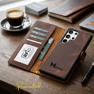 May include: Brown leather phone case with card slots and the name "Markus" printed on the front. The case is open, revealing a credit card and an RFID protection card. A cup of coffee sits nearby.