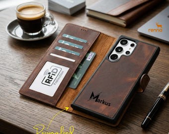 Samsung S26 Ultra S26 Plus Handyhülle Personalisierte Echtes Leder 2in1 abnehmbare Magnet Klapphülle  Kartenfächer Handgefertigt RFID Schutz
