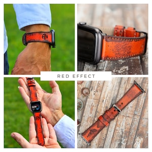 May include: A red leather Apple Watch band with a distressed look and a monogrammed initial "AN".