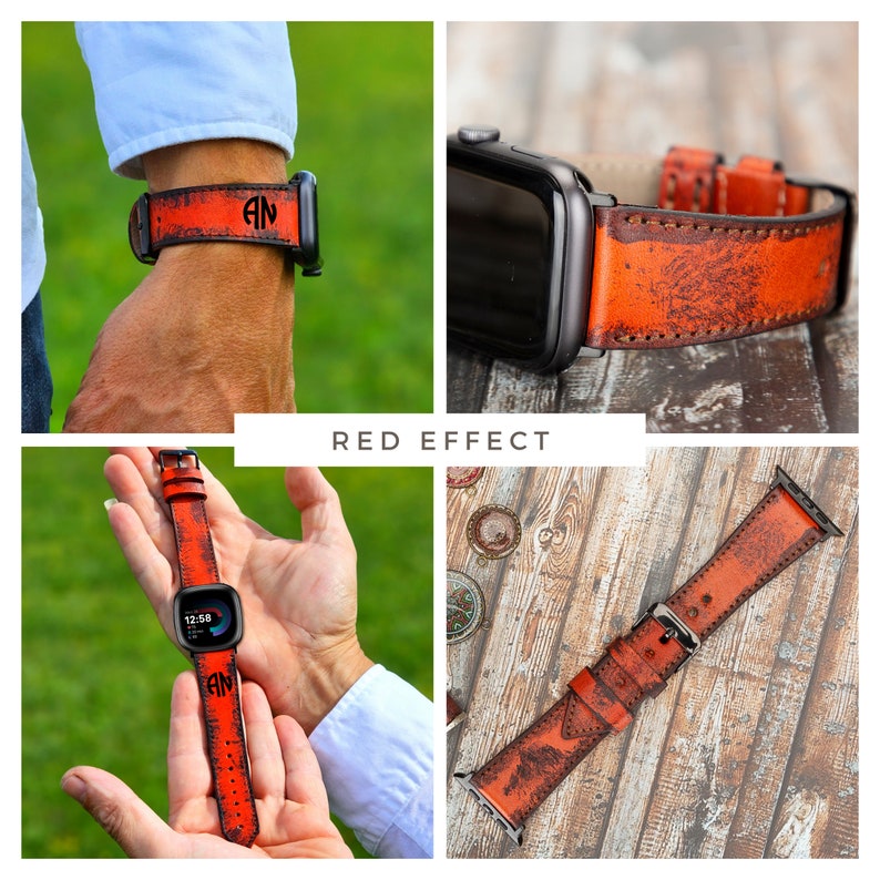 May include: A red leather Apple Watch band with a distressed look and a monogrammed initial "AN".
