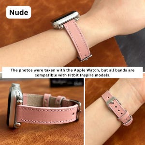 May include: A nude pink leather watch band with white stitching. The band is shown on a silver Apple Watch and a silver Fitbit Inspire.