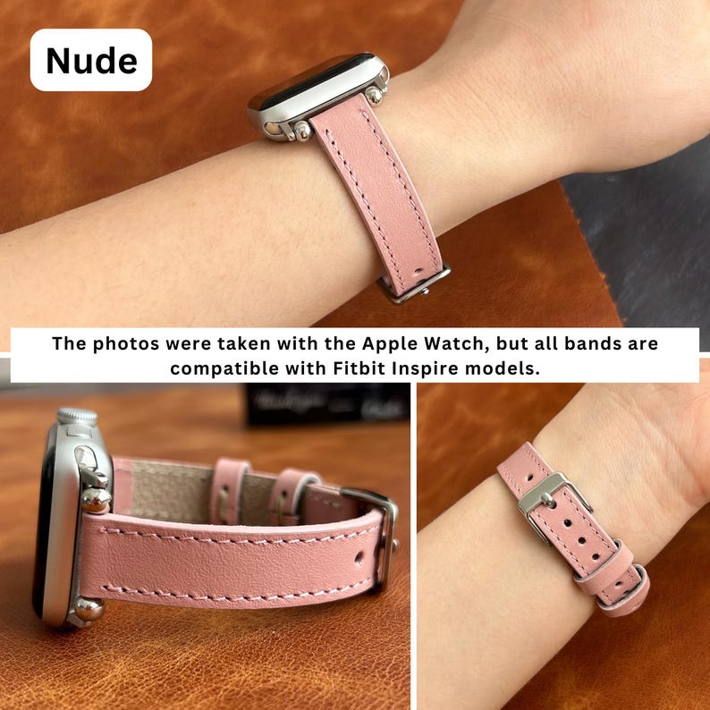 May include: A nude pink leather watch band with white stitching. The band is shown on a silver Apple Watch and a silver Fitbit Inspire.