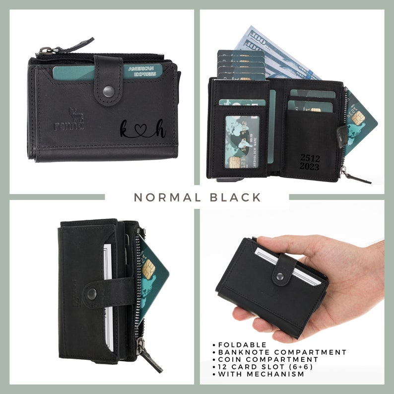 Geldbeutel Handgemacht echt Leder RFID Schutz Personalisierte Brieftasche mit Gravur kleine Geldbörse Kartenhalter Münzfach Geschenk NORMAL BLACK