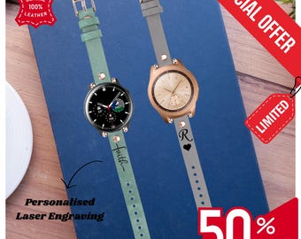 Personalized Leather Samsung Galaxy 5 6 7 Smart Watch Strap Custom 20 mm Women Special Gift Laser Engraving Individual