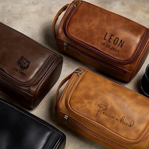 Leren toilettas, gepersonaliseerd cadeau, dubbele set, handgemaakte make-up organizer, reistas, perfect cadeau voor een bruiloft of Valentijnsdag.