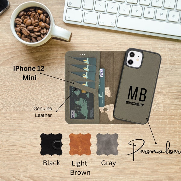 iPhone 12 Mini 5,4"  Echt Leder Hülle MagSafe kompatibel 2in1 abnehmbare Magnet Klapphülle Kartenfächer