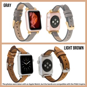 May include: Two leather watch bands for a smartwatch. The band on the left is gray and the band on the right is light brown. The bands are shown on a white background.