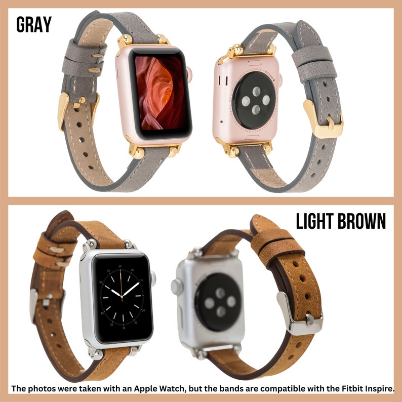 May include: Two leather watch bands for a smartwatch. The band on the left is gray and the band on the right is light brown. The bands are shown on a white background.