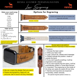 May include: A brown leather watch strap with laser engraving options. The strap is shown with different engraving examples, including initials, names, and a quote. The text "Laser Engraving" is displayed in a large font at the top of the image. The image also includes a list of font styles available for engraving.