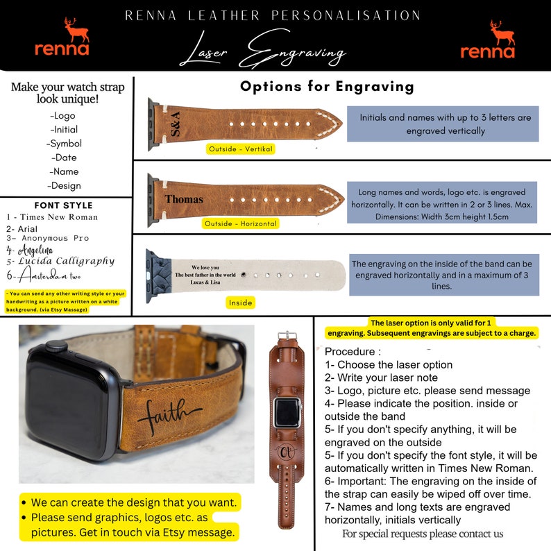 May include: A brown leather watch strap with laser engraving options. The strap is shown with different engraving examples, including initials, names, and a quote. The text "Laser Engraving" is displayed in a large font at the top of the image. The image also includes a list of font styles available for engraving.