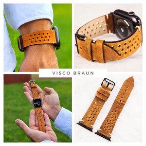 May include: A brown leather watch band with a perforated design. The band is shown on a wrist and laid flat. The text "VISCO BRAUN" is displayed on the image.