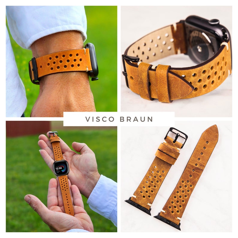 May include: A brown leather watch band with a perforated design. The band is shown on a wrist and laid flat. The text "VISCO BRAUN" is displayed on the image.