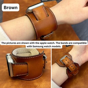 Puede incluir: Banda de reloj de cuero marr&oacute;n con cierre de hebilla. La banda es compatible con los relojes inteligentes Apple y Samsung.