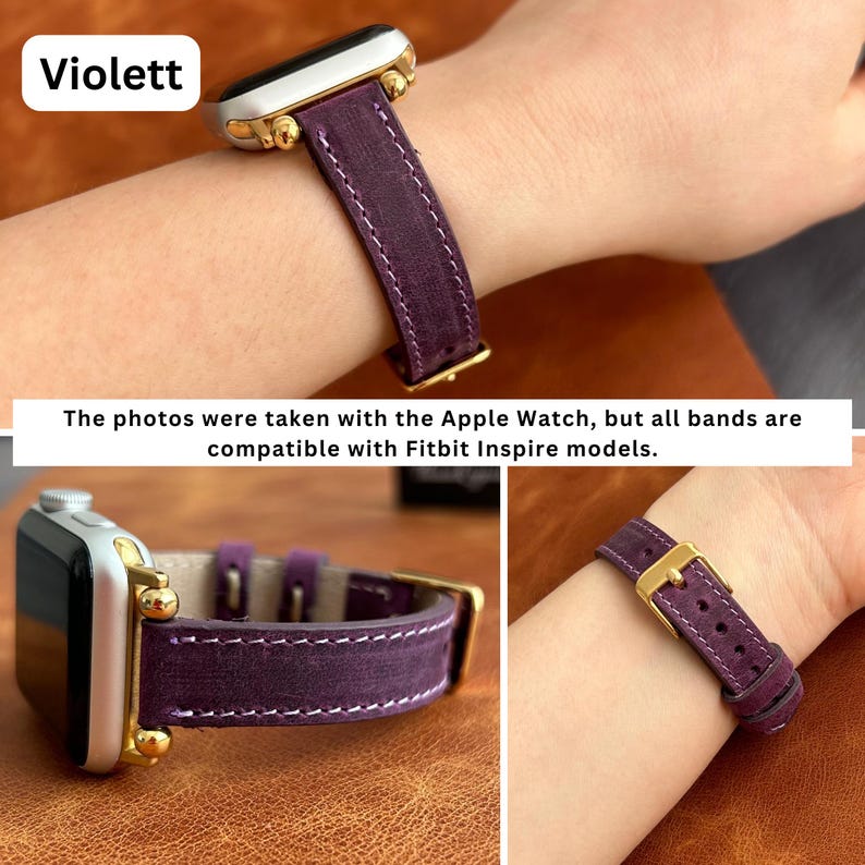 May include: Purple leather watch band with gold hardware. The band is shown on a wrist and on a table. The photos were taken with the Apple Watch, but all bands are compatible with Fitbit Inspire models.