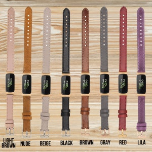May include: Ten different colored leather watch bands for a fitness tracker. The bands are in the colors light brown, nude, beige, black, brown, gray, red, and purple. The watch face shows the time, date, and heart rate.