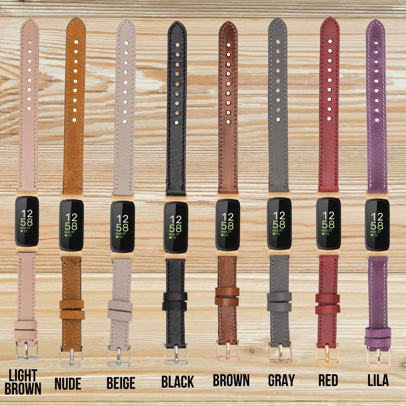 May include: Ten different colored leather watch bands for a fitness tracker. The bands are in the colors light brown, nude, beige, black, brown, gray, red, and purple. The watch face shows the time, date, and heart rate.