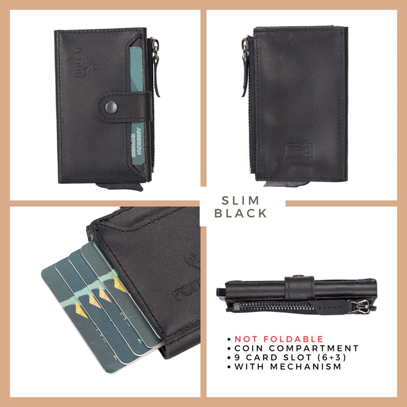 Renna Genuine Leather Mechanical Wallet RFID Blocking Wallet Engraved Personalized Wallet Minimalist Card Holder And Coin Pocket Slim Black