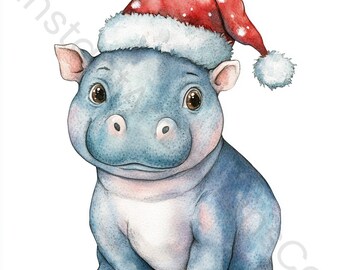 12 PNG Christmas Hippo Clipart Set | Holiday Hippos | Santa Hippo Animal Illustrations | Winter Art