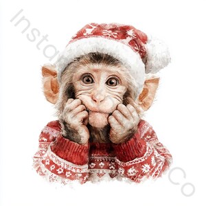 May include: A watercolour illustration of a monkey wearing a red and white Christmas sweater and a Santa hat. The monkey is smiling and holding its cheeks. The hat and sweater have a snowflake pattern.
