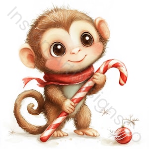 12 PNG Christmas Baby Monkey Clipart | Holiday Monkey | Candy Cane | Sublimation Design