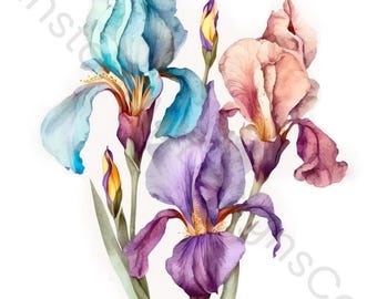 12 PNG Abstrakte Iris Blumen Set | Aquarell Blumen | Sublimationsdesign | Digitaler Download