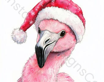12 PNG Christmas Flamingo Set | Santa Hat Tropical Bird Bundle | Holiday Sublimation Design