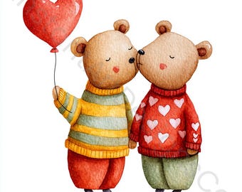 12 PNG Valentine Bear Clipart with Heart Balloons | Bear Couple Sublimation Bundle