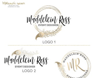 Logotipo de plumas doradas Logotipo del planificador de bodas Logotipo del planificador de eventos Logotipo del decorador Logotipo de la floristería Logotipo prefabricado Kit de marca prefabricado Logotipo personalizado 128