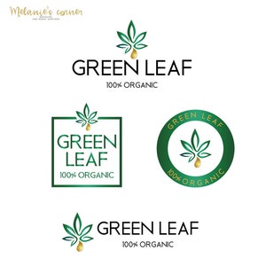 May include: Four variations of a logo for a company called "Green Leaf" that specializes in organic products. The logo features a green stylized leaf with a golden drop of liquid. The text "Green Leaf" is written in black and the text "100% Organic" is written in black below the logo.