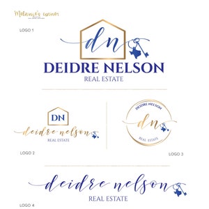 May include: A branding guide for a real estate agent named Deidre Nelson. The guide includes logos, badges, and business card designs. The logos feature a house with a key and the initials "DN" in blue and gold. The badges are circular and feature text such as "Sold", "New Price", "New Listing", "Open House", and "Coming Soon". The business card design features a logo and contact information.