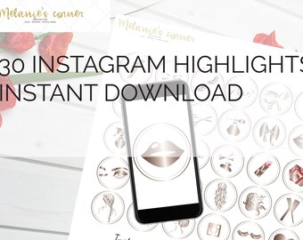 Pode incluir: Uma folha imprimível com 30 ícones de destaque do Instagram em um design dourado e branco. Os ícones incluem lábios, cílios, cabelo, tesouras, uma caixa de presente e muito mais. O texto "30 INSTAGRAM HIGHLIGHTS INSTANT DOWNLOAD" está no topo da folha.