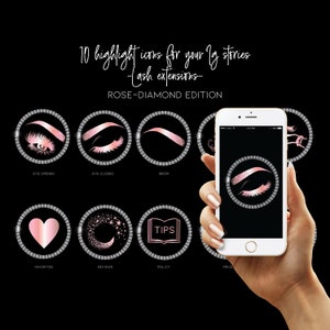 Puede incluir: Diez iconos de destacados de historias de Instagram con un tema de oro rosa y diamantes. Los iconos incluyen ojo abierto, ojo cerrado, ceja, favoritos, reseñas, política, precios y un icono de extensión de pestañas.