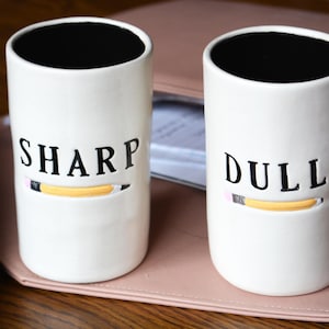 Handmade Ceramic Sharp and Dull Pencil Holder for Desk - Teacher Classroom Gifts - Fun Elementary Classroom Setup - 5&quot; Round Pencil Holder