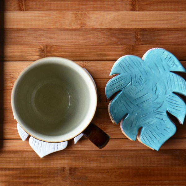 Ceramic Monstera Leaf Coaster Set - Palm Leaf Natural Home Decor - Custom Colors Available - Set of 4 - Gift Bag Included