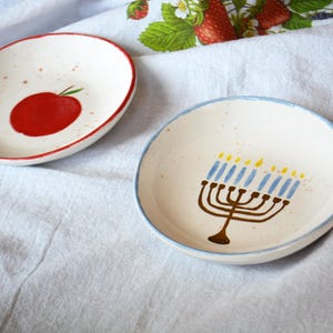 Ceramic Hand Painted Menorah and Apple Dish Set - Passover Seder Table Setting Decor