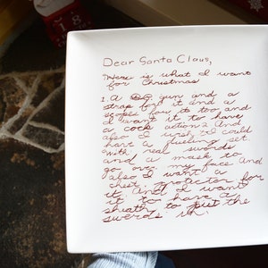 Plato de Carta a Papá Noel con Carta Escrita a Mano - Plato Navideño de Leche y Galletas con Transferencia de Escritura a Mano para Nochebuena - Querido Papá Noel