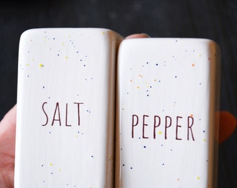 Square Ceramic Salt and Pepper Shakers - Farmhouse Kitchen - Cottage Core - Speckled White - Gift Box Available