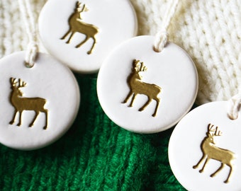 READY TO SHIP - Ceramic Deer Reindeer Gift Tag - Husband Gift - Winter Woodland 1 Inch Round Holiday Gift Tags - Embossed Gold or Silver