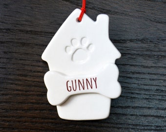 Personalized Dog House Ornament with Paw Print and Dog Bone - Add Pet Name - Pet Ornaments - New Dog Christmas Gift - Gift Box Included