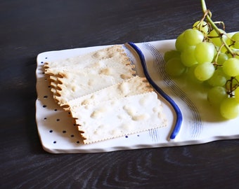 Ceramic Cheese and Cracker Board - Cheese Appetizer Plate - Blue and White Abstract Design - Handmade