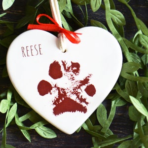 Dog Paw Print Heart Ornament with Name Dog Memorial Gift Sympathy Gift Pet Owner Ornament Gift Box Included image 1
