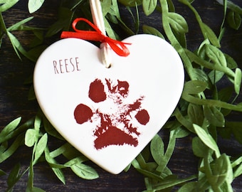 Dog Paw Print Heart Ornament with Name - Dog Memorial Gift Sympathy Gift - Pet Owner Ornament - Gift Box Included