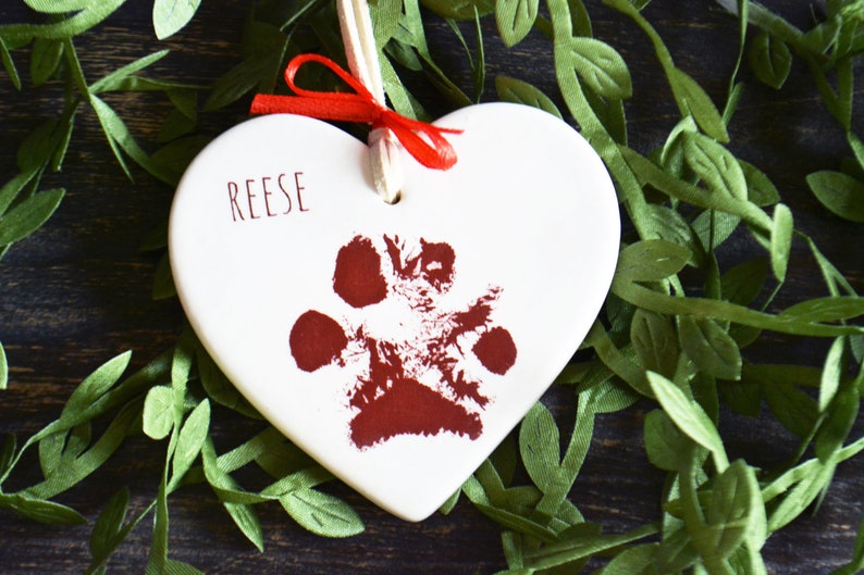 Dog Paw Print Heart Ornament with Name Dog Memorial Gift Sympathy Gift Pet Owner Ornament Gift Box Included image 1